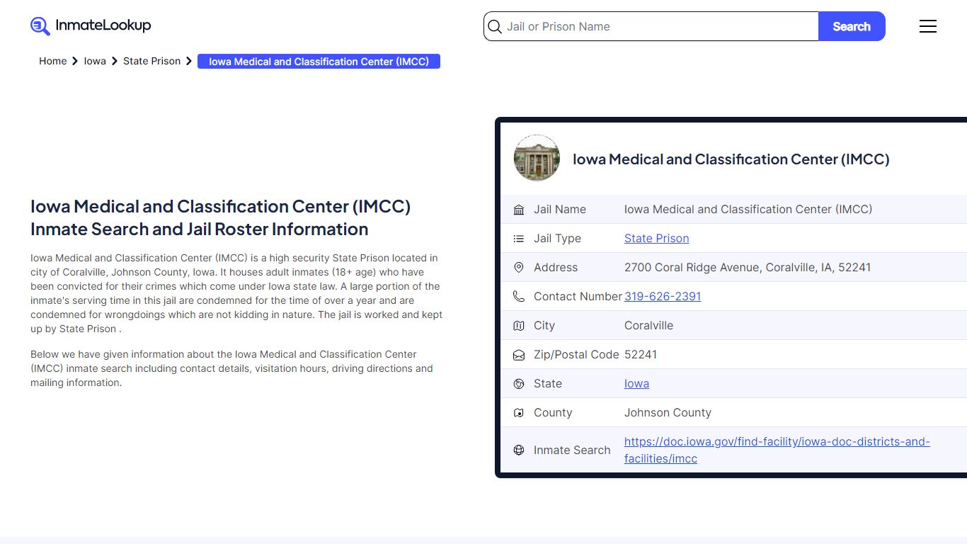Iowa Medical and Classification Center (IMCC) Inmate Search, Jail ...